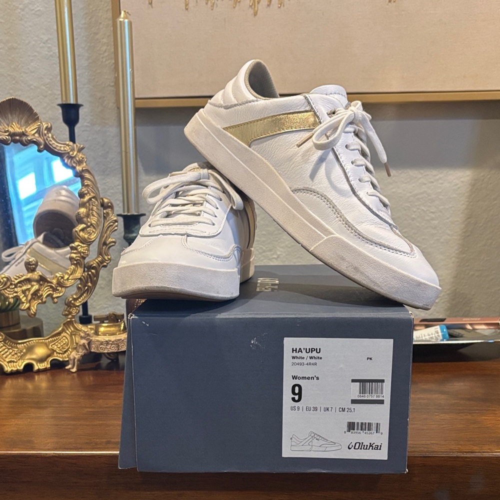 OluKai Women's White and Gold Sneakers